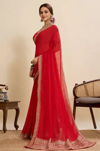 Red embroidered vichitra soft silk bollywood saree with blouse