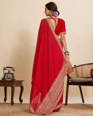 Red embroidered vichitra soft silk bollywood saree with blouse 4