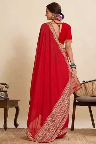 Red embroidered vichitra soft silk bollywood saree with blouse