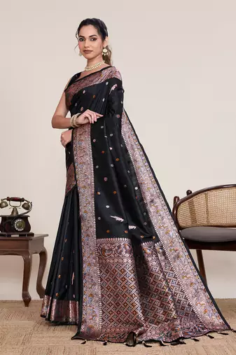 Black floral jacquard banarasi saree with blouse
