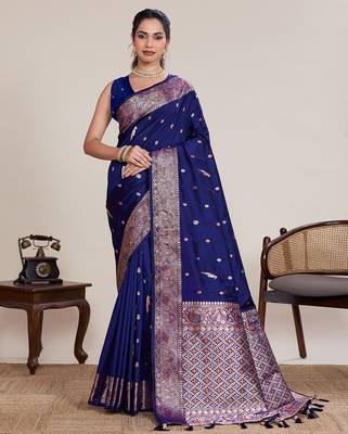 Blue floral jacquard banarasi saree with blouse 1