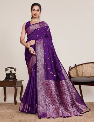 Purple floral jacquard banarasi saree with blouse 1