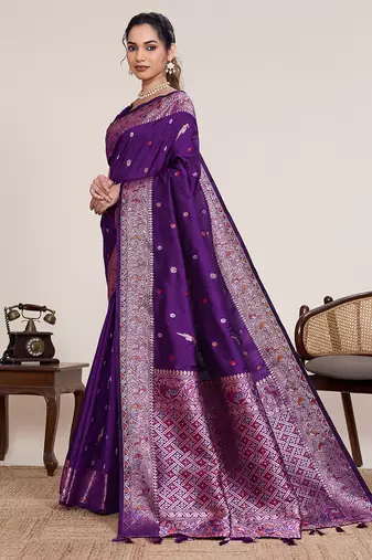 Purple floral jacquard banarasi saree with blouse