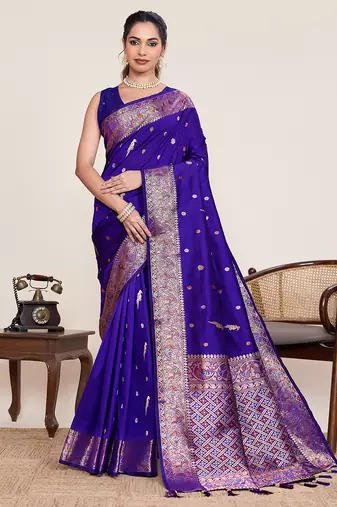 Royal blue floral jacquard banarasi saree with blouse