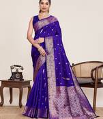 Royal blue floral jacquard banarasi saree with blouse