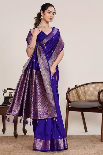 Royal blue floral jacquard banarasi saree with blouse