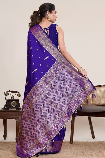 Royal blue floral jacquard banarasi saree with blouse