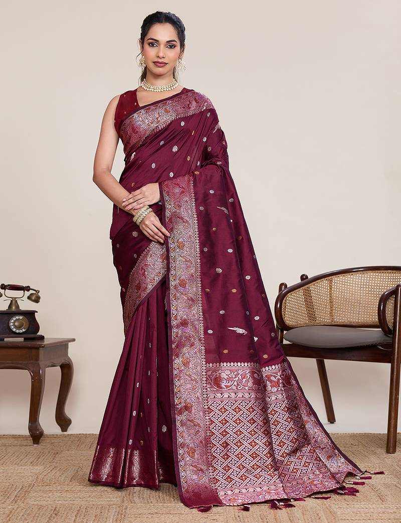 Wine floral jacquard banarasi saree with blouse