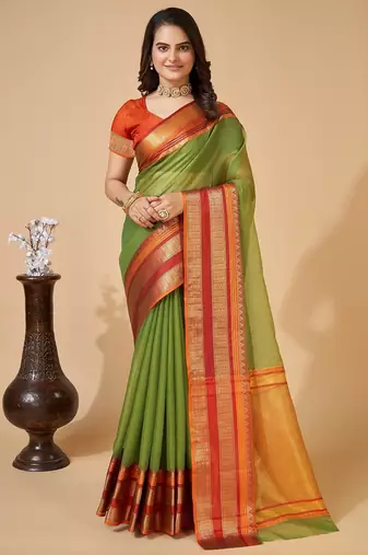 Mehendi woven self design cotton silk kota doria saree with blouse