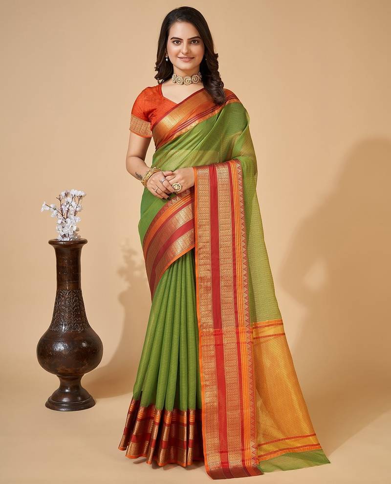 Mehendi woven self design cotton silk kota doria saree with blouse