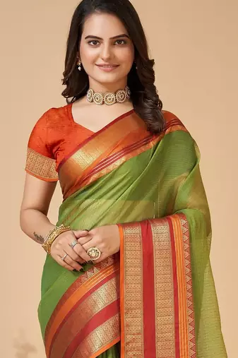 Mehendi woven self design cotton silk kota doria saree with blouse
