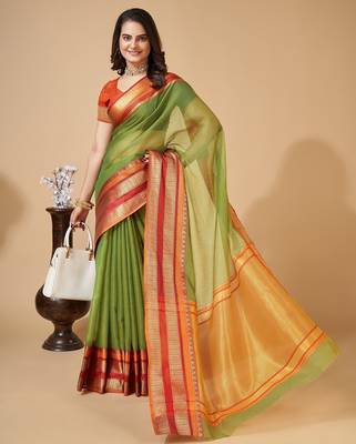 Mehendi woven self design cotton silk kota doria saree with blouse 3