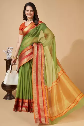 Mehendi woven self design cotton silk kota doria saree with blouse