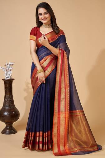 Navy blue woven self design cotton silk kota doria saree with blouse