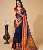 Navy blue woven self design cotton silk kota doria saree with blouse