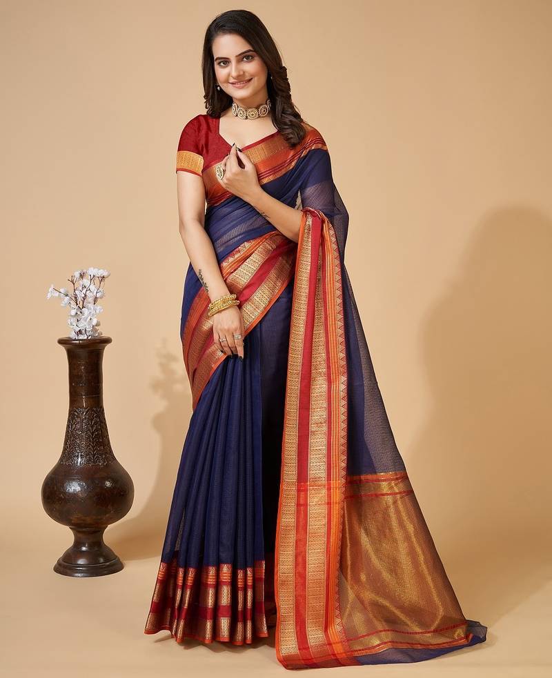 Navy blue woven self design cotton silk kota doria saree with blouse