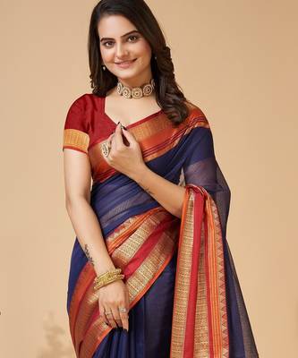 Navy blue woven self design cotton silk kota doria saree with blouse 2