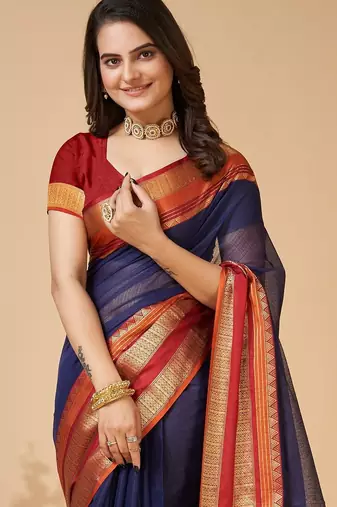 Navy blue woven self design cotton silk kota doria saree with blouse