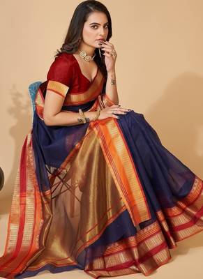 Navy blue woven self design cotton silk kota doria saree with blouse 3