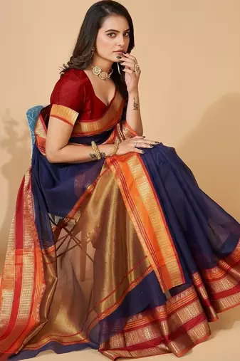 Navy blue woven self design cotton silk kota doria saree with blouse
