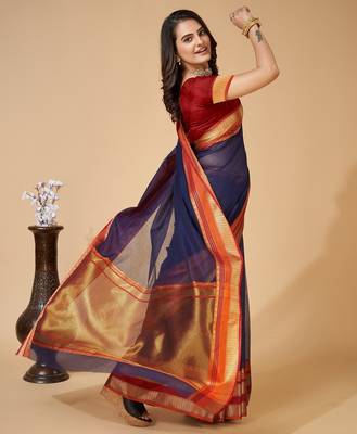 Navy blue woven self design cotton silk kota doria saree with blouse 4