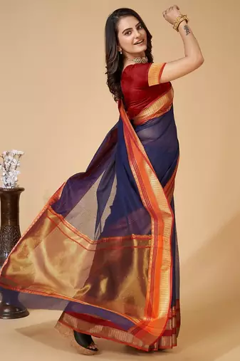 Navy blue woven self design cotton silk kota doria saree with blouse