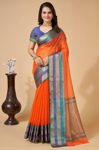 Orange woven self design cotton silk kota doria saree with blouse