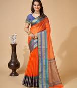 Orange woven self design cotton silk kota doria saree with blouse