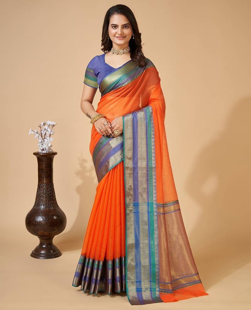 Orange woven self design cotton silk kota doria saree with blouse