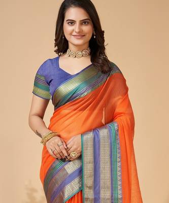 Orange woven self design cotton silk kota doria saree with blouse 2