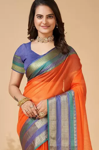Orange woven self design cotton silk kota doria saree with blouse