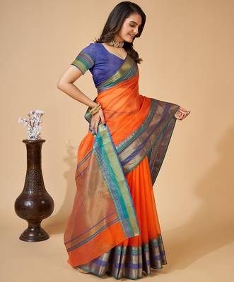 Orange woven self design cotton silk kota doria saree with blouse 3