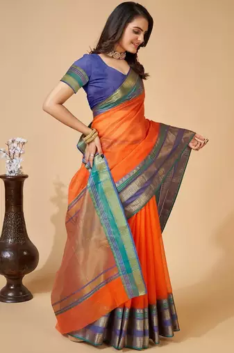 Orange woven self design cotton silk kota doria saree with blouse