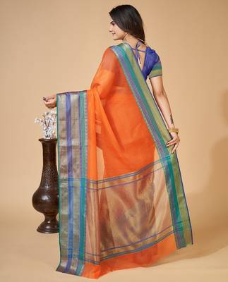 Orange woven self design cotton silk kota doria saree with blouse 4