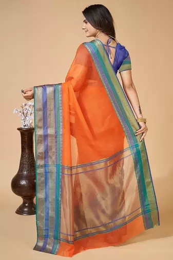 Orange woven self design cotton silk kota doria saree with blouse