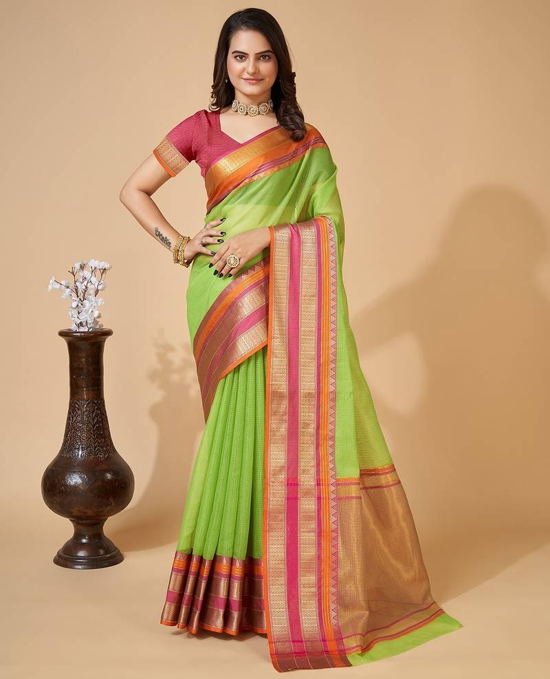 Parrot green woven self design cotton silk kota doria saree with blouse