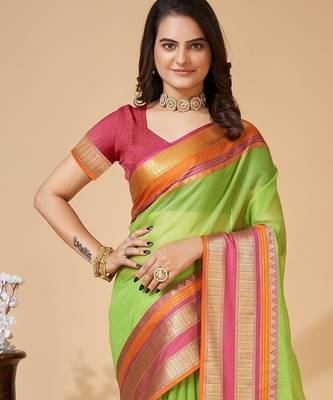 Parrot green woven self design cotton silk kota doria saree with blouse 2