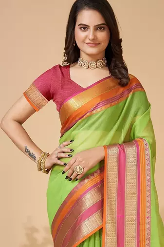 Parrot green woven self design cotton silk kota doria saree with blouse