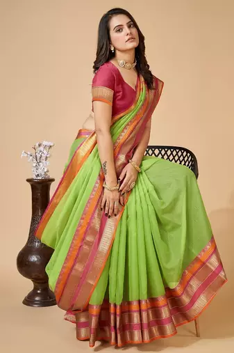 Parrot green woven self design cotton silk kota doria saree with blouse