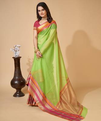 Parrot green woven self design cotton silk kota doria saree with blouse 4