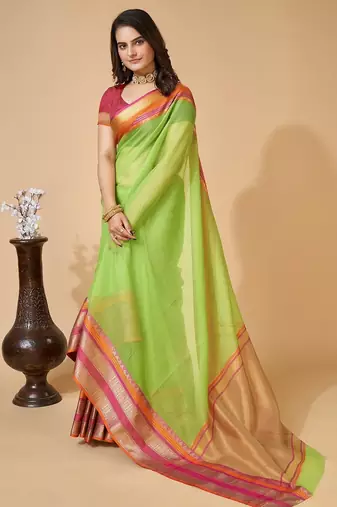Parrot green woven self design cotton silk kota doria saree with blouse