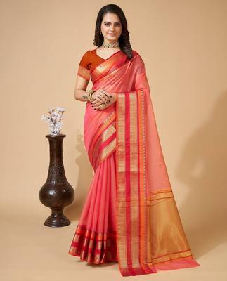 Peach woven self design cotton silk kota doria saree with blouse 1
