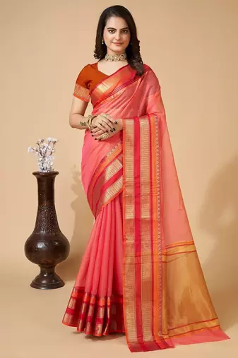 Peach woven self design cotton silk kota doria saree with blouse