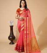 Peach woven self design cotton silk kota doria saree with blouse