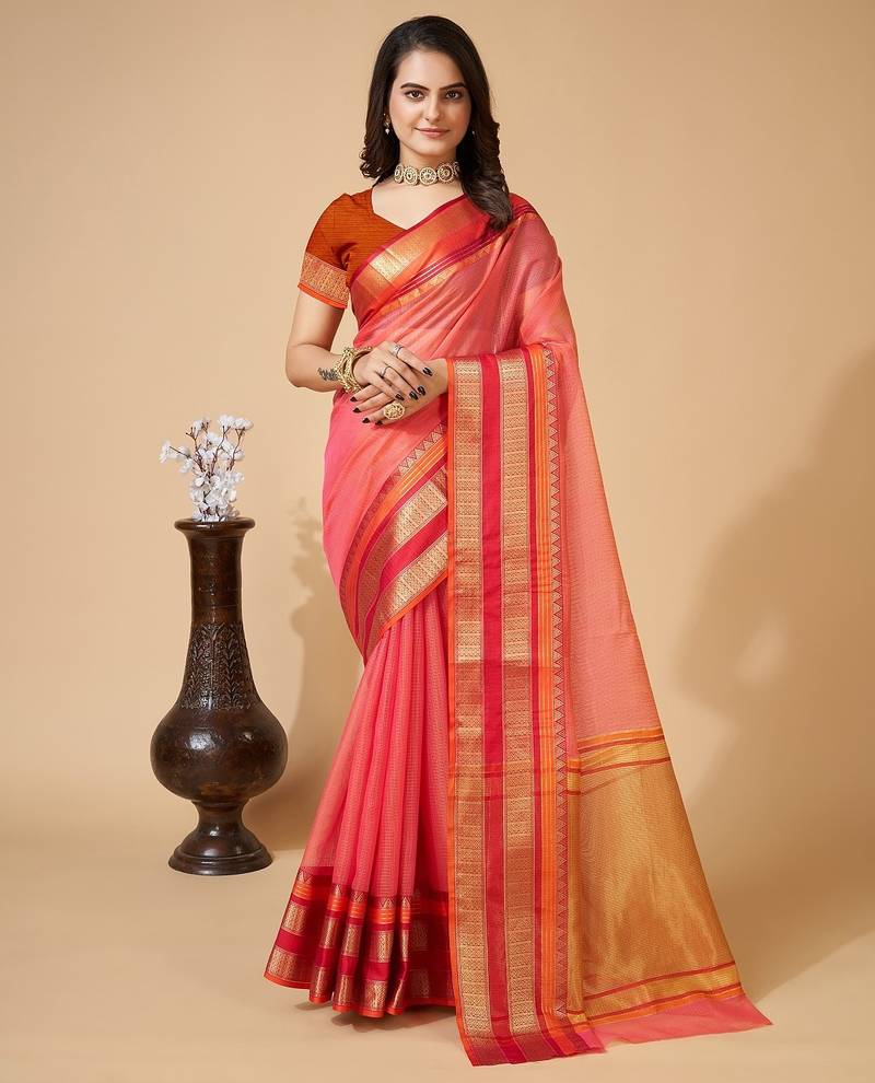 Peach woven self design cotton silk kota doria saree with blouse