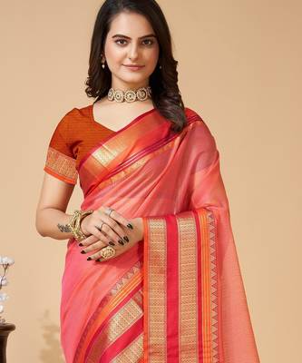 Peach woven self design cotton silk kota doria saree with blouse 2
