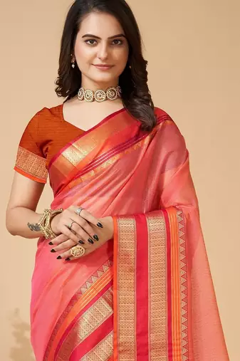 Peach woven self design cotton silk kota doria saree with blouse