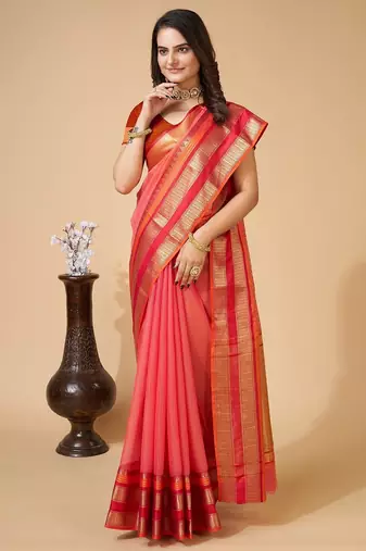 Peach woven self design cotton silk kota doria saree with blouse