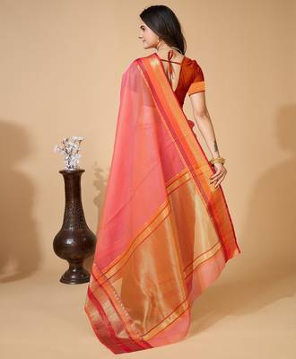 Peach woven self design cotton silk kota doria saree with blouse 4