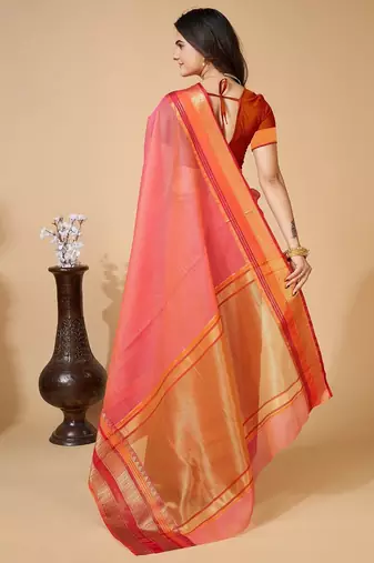 Peach woven self design cotton silk kota doria saree with blouse